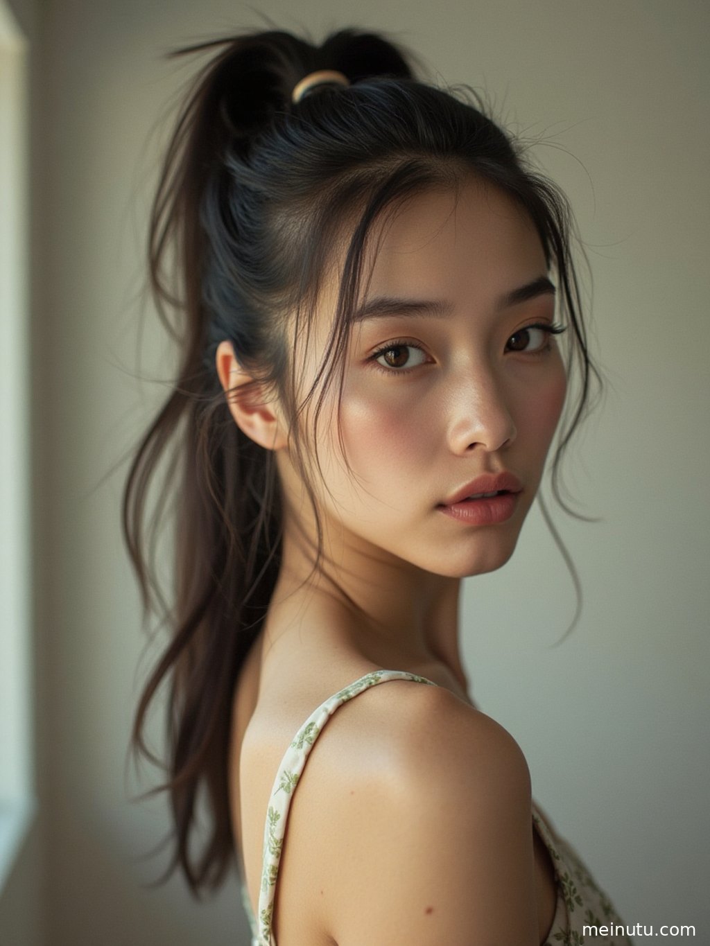 A carefully composed half-body photo of an adult woman against a refined courtyard background, emphasizing natural beauty and crisp image quality.