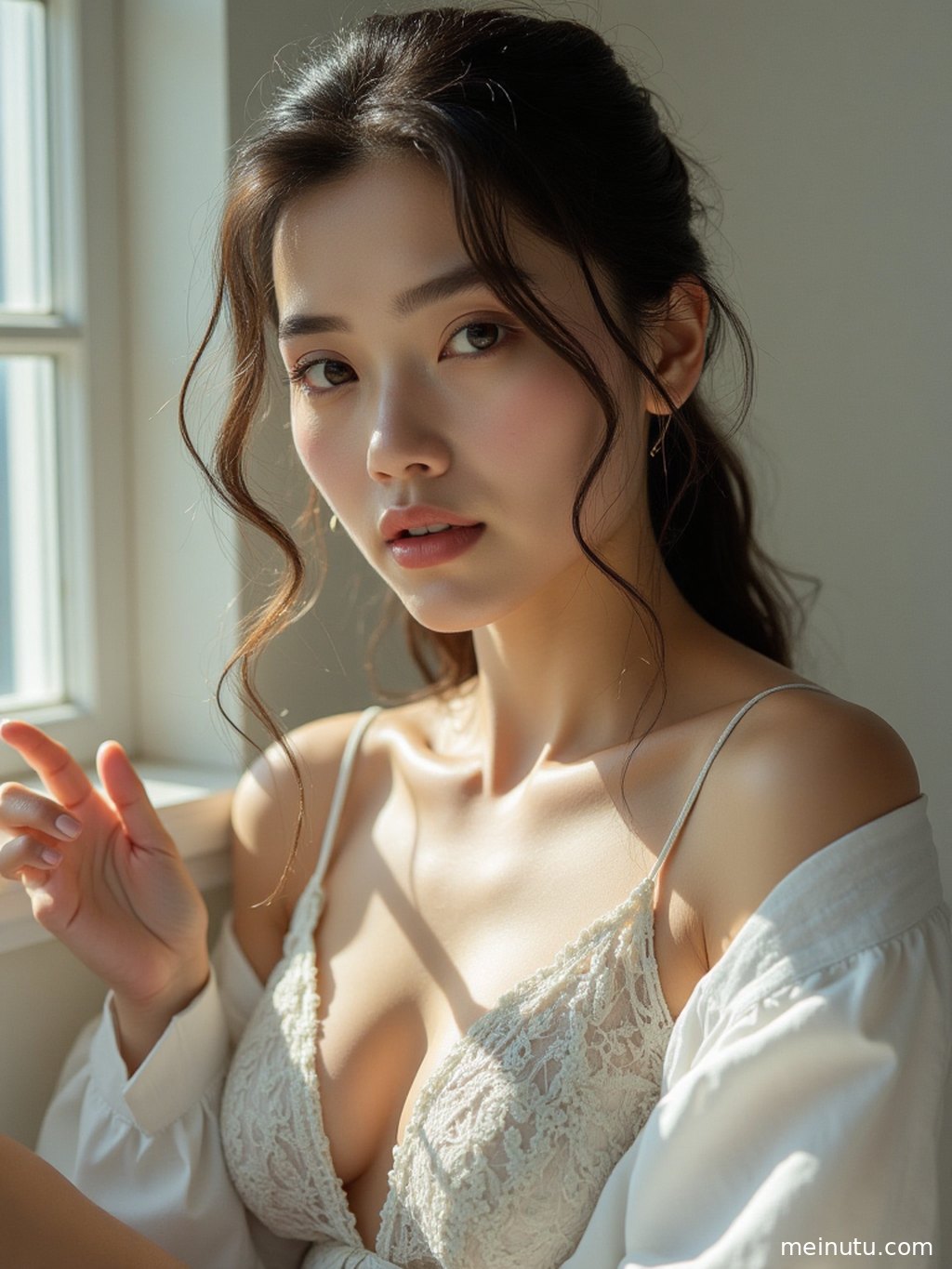 一位女性身着优雅长裙，在夕阳下的海边回眸，画面唯美动人。